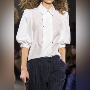 Nicole Miller
Cotton Poplin Tuxedo Puff Sleeve Blouse In White